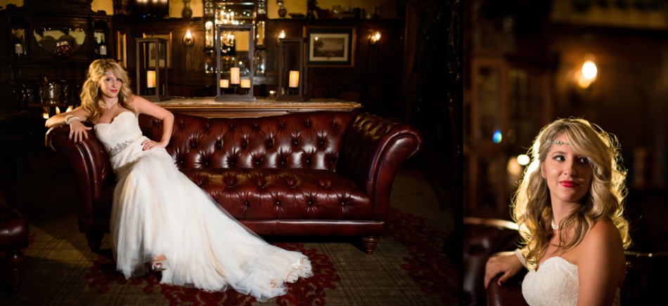 Great Gatsby style Bride poses on leather couch in Colorado