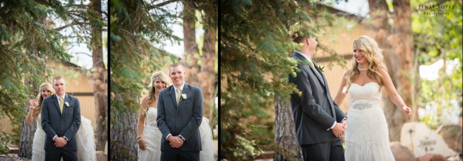Bride and Groom first look under pine trees in colorado mountains